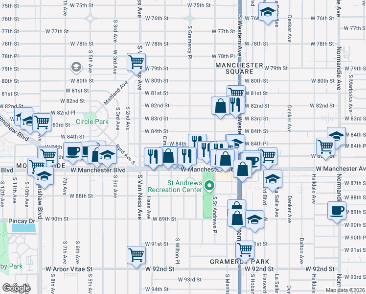 map of restaurants, bars, coffee shops, grocery stores, and more near 2014 West 84th Place in Los Angeles