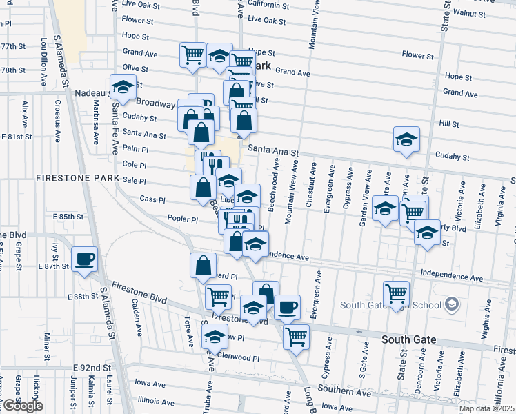 map of restaurants, bars, coffee shops, grocery stores, and more near 2750 Liberty Boulevard in South Gate