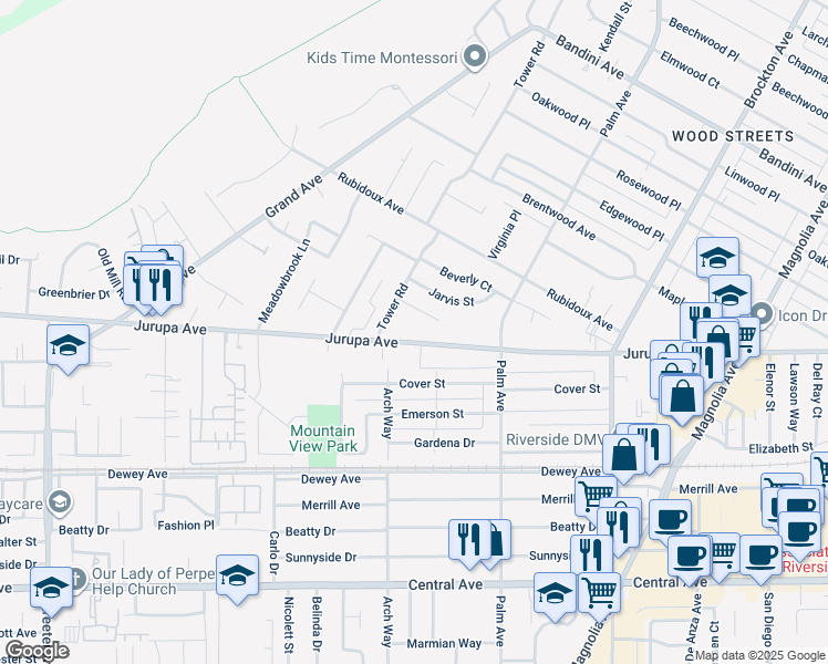 map of restaurants, bars, coffee shops, grocery stores, and more near 4651 Jurupa Avenue in Riverside