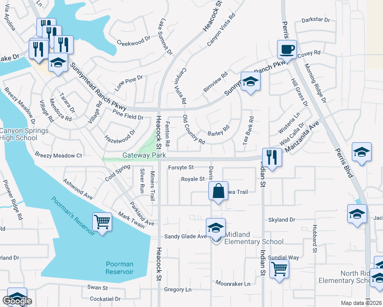 map of restaurants, bars, coffee shops, grocery stores, and more near 24125 Pleasant Run Road in Moreno Valley