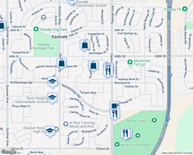map of restaurants, bars, coffee shops, grocery stores, and more near 12860 Thornbury Lane in Corona