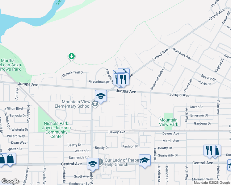 map of restaurants, bars, coffee shops, grocery stores, and more near 5172 Jurupa Avenue in Riverside