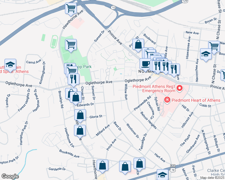 map of restaurants, bars, coffee shops, grocery stores, and more near 160 Greenwood Court in Athens