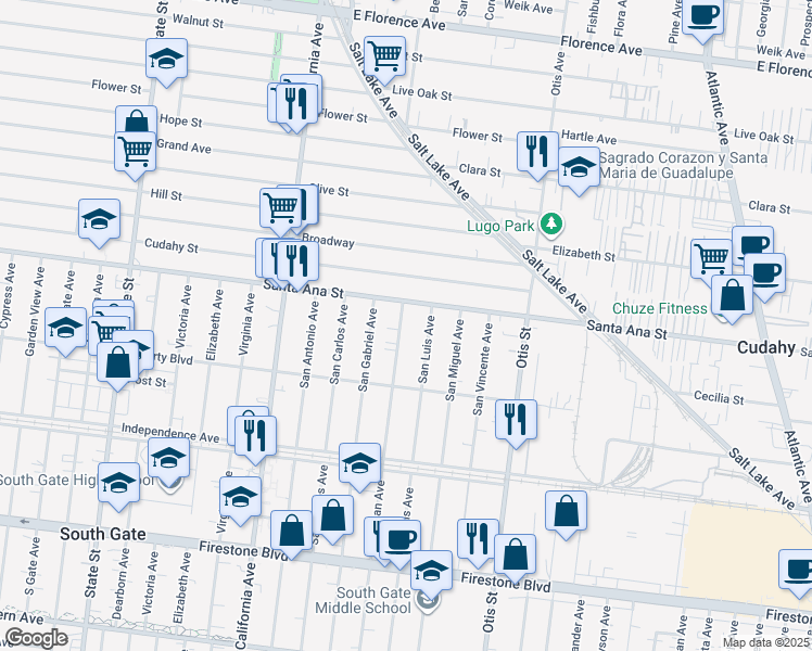 map of restaurants, bars, coffee shops, grocery stores, and more near 8126 San Juan Avenue in South Gate