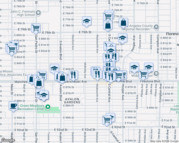 map of restaurants, bars, coffee shops, grocery stores, and more near 816 East 84th Place in Los Angeles