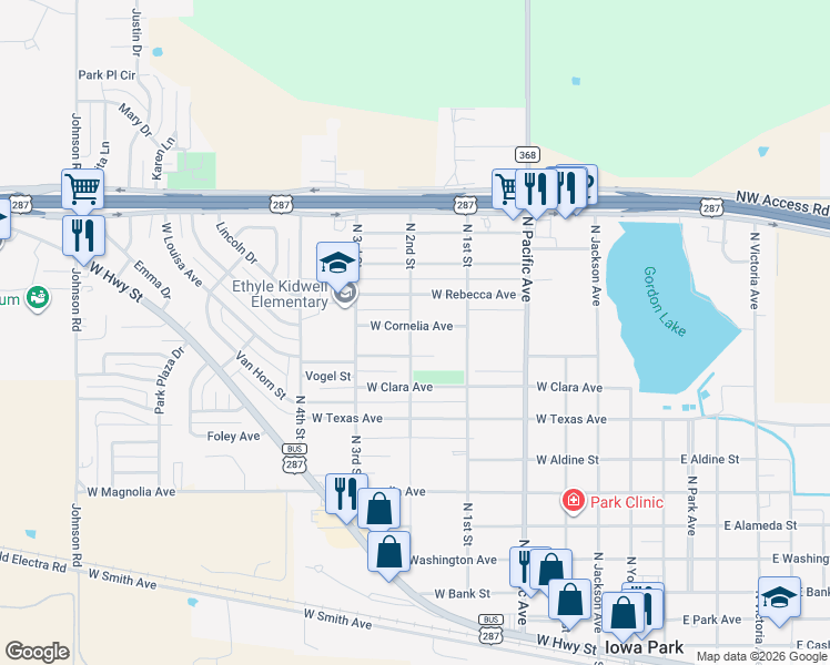 map of restaurants, bars, coffee shops, grocery stores, and more near 1109 North 2nd Street in Iowa Park
