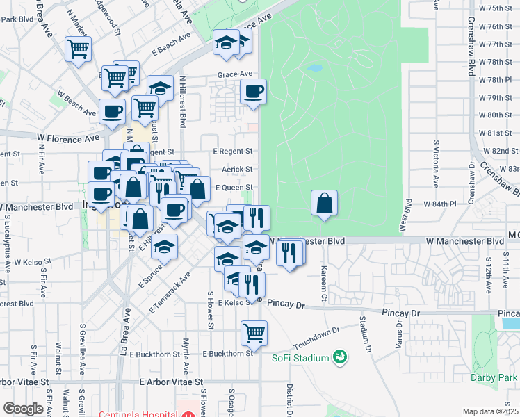 map of restaurants, bars, coffee shops, grocery stores, and more near 211 Prairie Avenue in Inglewood
