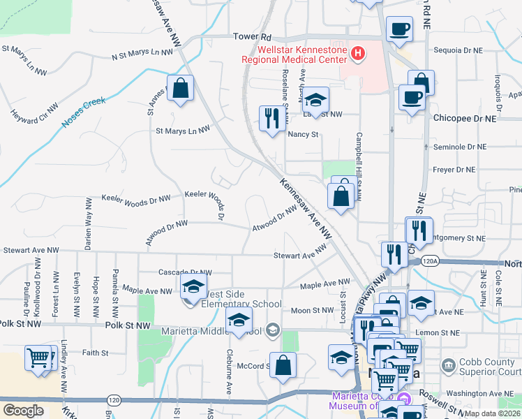 map of restaurants, bars, coffee shops, grocery stores, and more near 381 Talcott Circle in Marietta