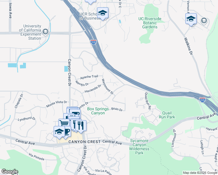 map of restaurants, bars, coffee shops, grocery stores, and more near 5034 Westmont Street in Riverside