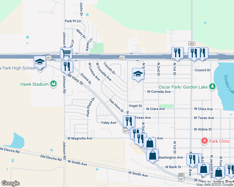 map of restaurants, bars, coffee shops, grocery stores, and more near 914 W Louisa Ave in Iowa Park