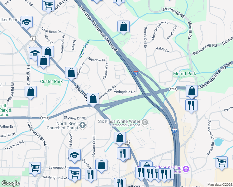 map of restaurants, bars, coffee shops, grocery stores, and more near 926 Springdale Drive in Marietta