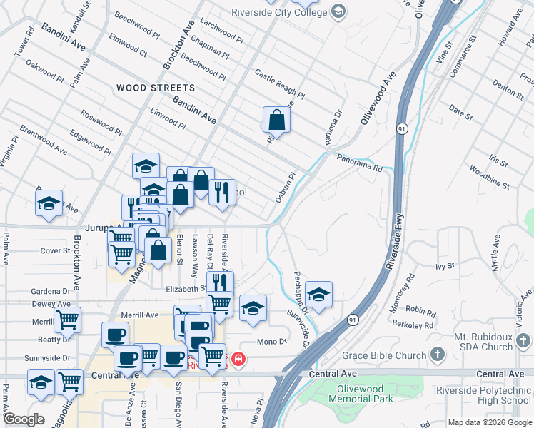 map of restaurants, bars, coffee shops, grocery stores, and more near 5677 Osburn Place in Riverside