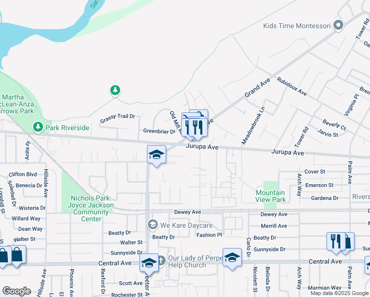map of restaurants, bars, coffee shops, grocery stores, and more near 5172 Jurupa Avenue in Riverside