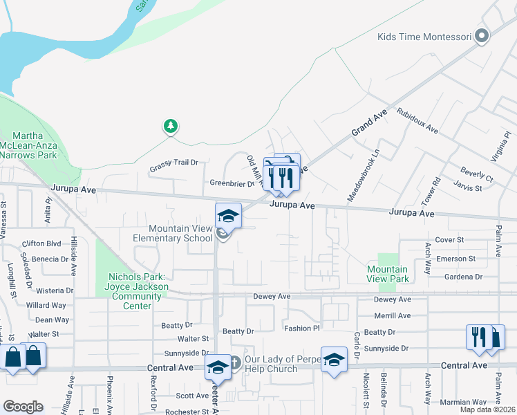 map of restaurants, bars, coffee shops, grocery stores, and more near 5172 Jurupa Avenue in Riverside
