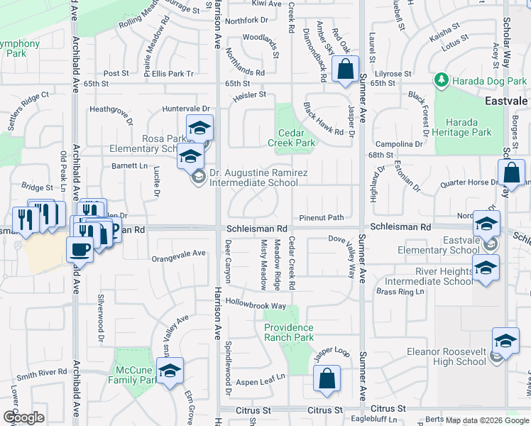 map of restaurants, bars, coffee shops, grocery stores, and more near 13712 Sandhill Crane Road in Corona