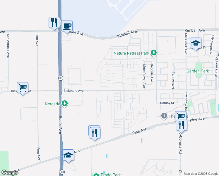 map of restaurants, bars, coffee shops, grocery stores, and more near 16062 Holstein Street in Chino