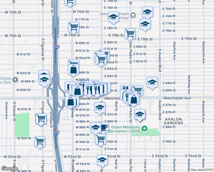 map of restaurants, bars, coffee shops, grocery stores, and more near 8464 South Main Street in Los Angeles