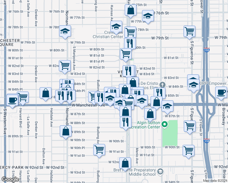 map of restaurants, bars, coffee shops, grocery stores, and more near 1032 West 84th Place in Los Angeles