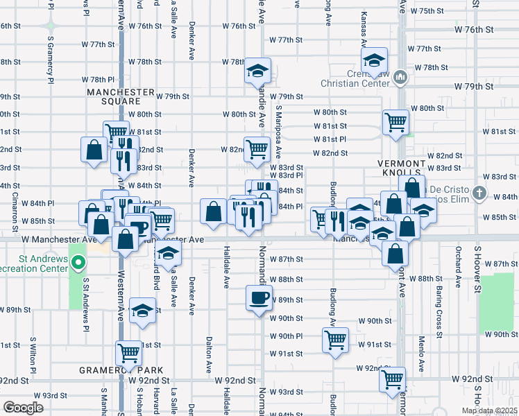 map of restaurants, bars, coffee shops, grocery stores, and more near 8451 South Normandie Avenue in Los Angeles