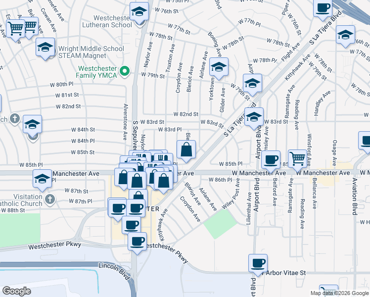map of restaurants, bars, coffee shops, grocery stores, and more near 8427 Bleriot Avenue in Los Angeles