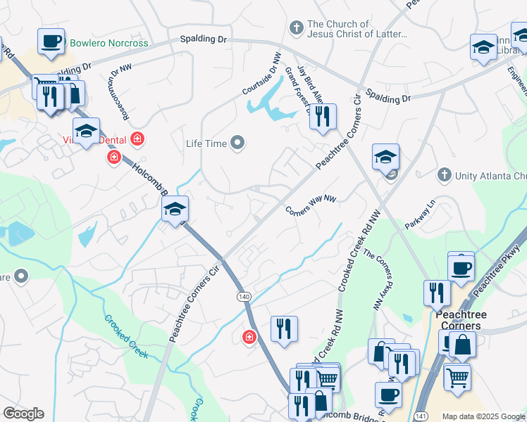 map of restaurants, bars, coffee shops, grocery stores, and more near 6111 Forest Hills Drive in Norcross