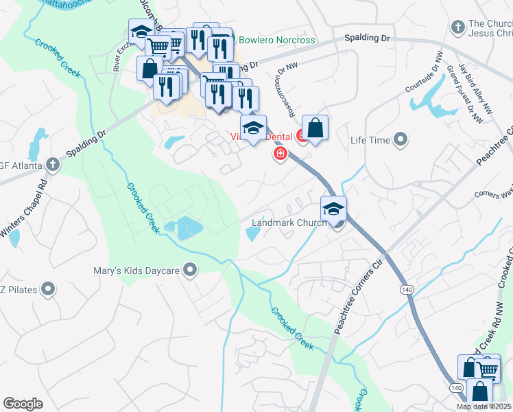 map of restaurants, bars, coffee shops, grocery stores, and more near 3827 Moran Way in Norcross