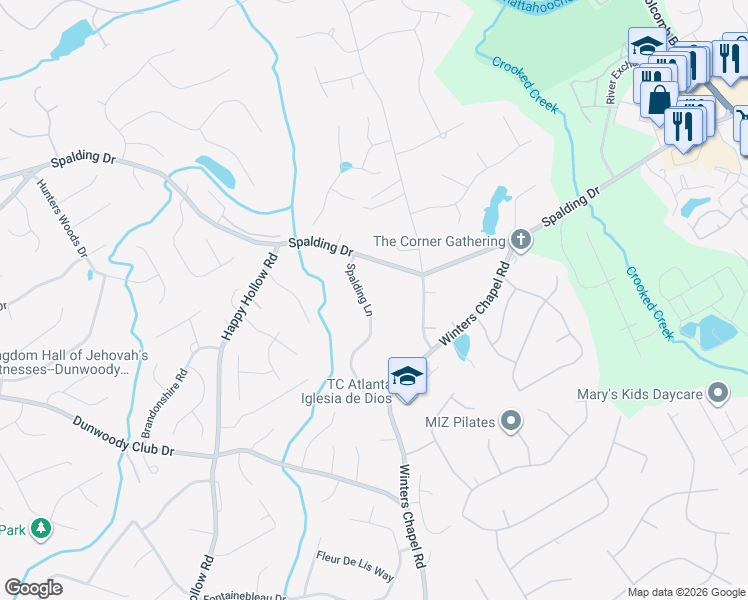 map of restaurants, bars, coffee shops, grocery stores, and more near 7585 Spalding Lane in Atlanta