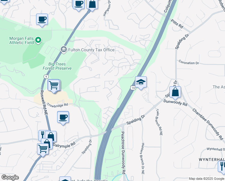 map of restaurants, bars, coffee shops, grocery stores, and more near 1910 Huntingdon Chase in Sandy Springs
