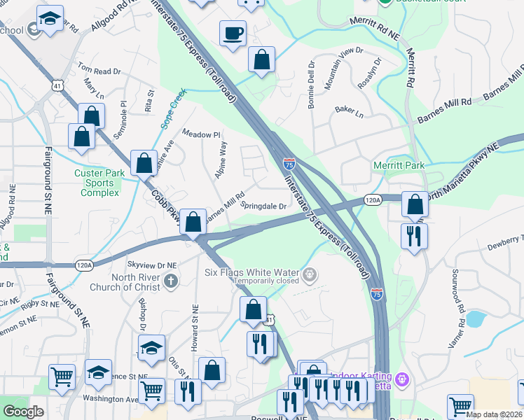 map of restaurants, bars, coffee shops, grocery stores, and more near 968 Springdale Drive in Marietta