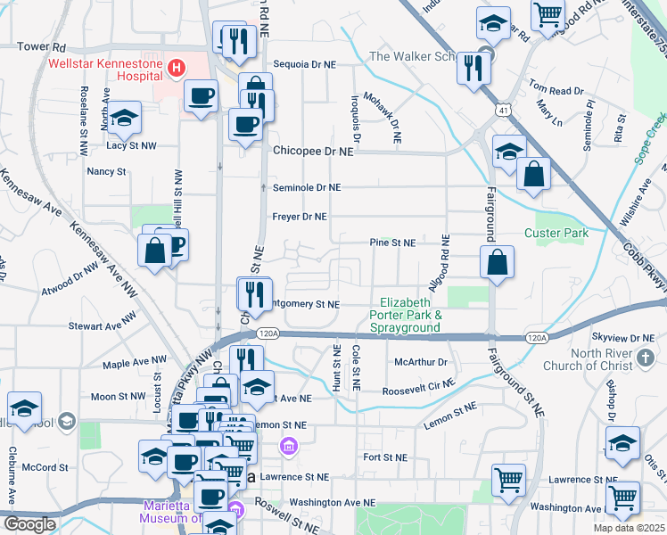 map of restaurants, bars, coffee shops, grocery stores, and more near 425 Hunt Street Northeast in Marietta