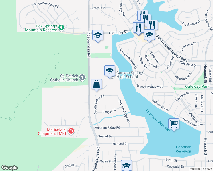 map of restaurants, bars, coffee shops, grocery stores, and more near 23398 Cougar Canyon Road in Moreno Valley