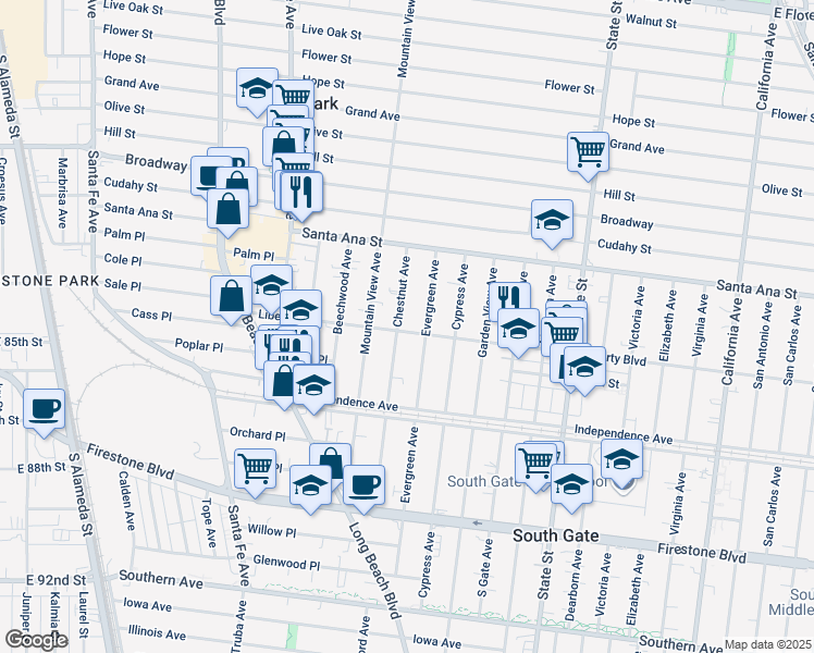 map of restaurants, bars, coffee shops, grocery stores, and more near 2957 Liberty Boulevard in South Gate
