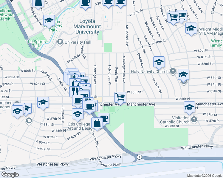 map of restaurants, bars, coffee shops, grocery stores, and more near 8409 Holy Cross Place in Los Angeles