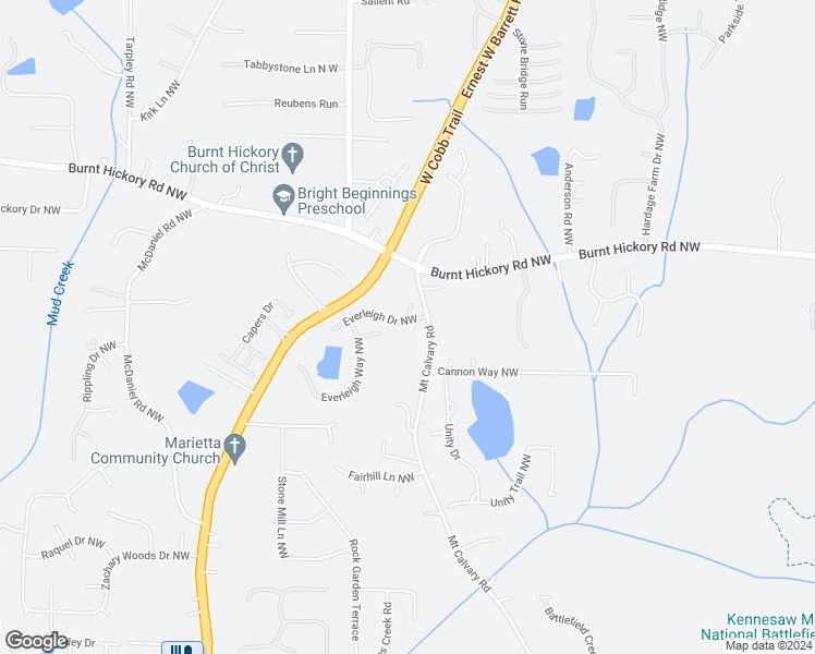 map of restaurants, bars, coffee shops, grocery stores, and more near 2159 Everleigh Drive Northwest in Marietta