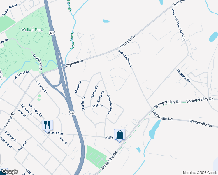 map of restaurants, bars, coffee shops, grocery stores, and more near 374 Washington Drive in Athens