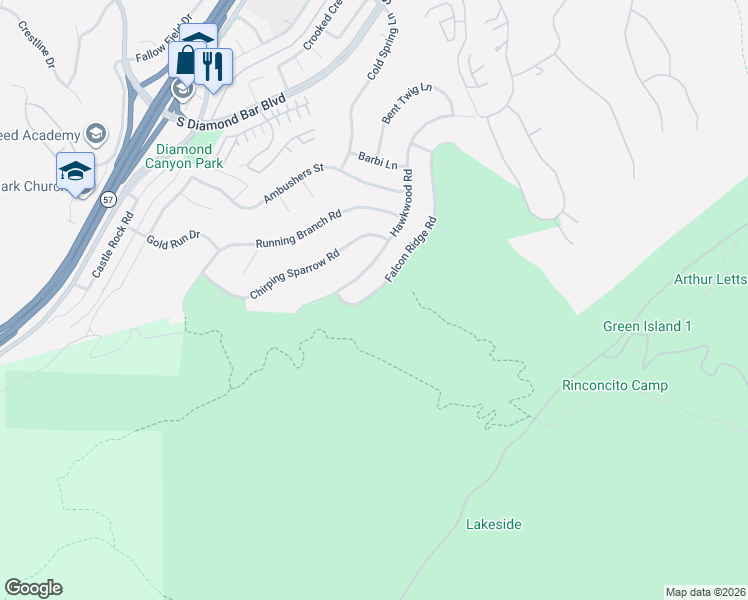 map of restaurants, bars, coffee shops, grocery stores, and more near 3480 Falcon Ridge Road in Diamond Bar