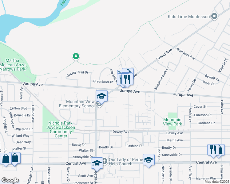 map of restaurants, bars, coffee shops, grocery stores, and more near 5172 Jurupa Avenue in Riverside