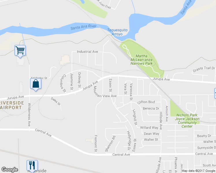 map of restaurants, bars, coffee shops, grocery stores, and more near 6051 Essex Street in Riverside