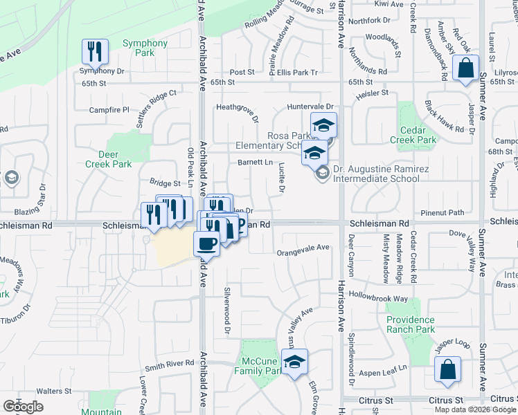 map of restaurants, bars, coffee shops, grocery stores, and more near 6894 Tourmaline Drive in Eastvale