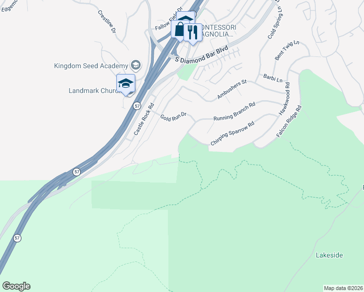 map of restaurants, bars, coffee shops, grocery stores, and more near 20940 Running Branch Road in Diamond Bar