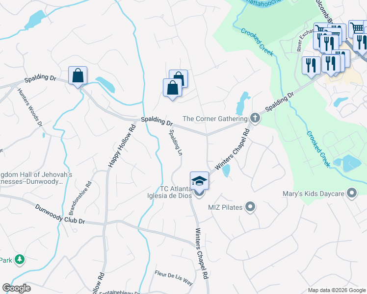 map of restaurants, bars, coffee shops, grocery stores, and more near 7585 Spalding Lane in Atlanta