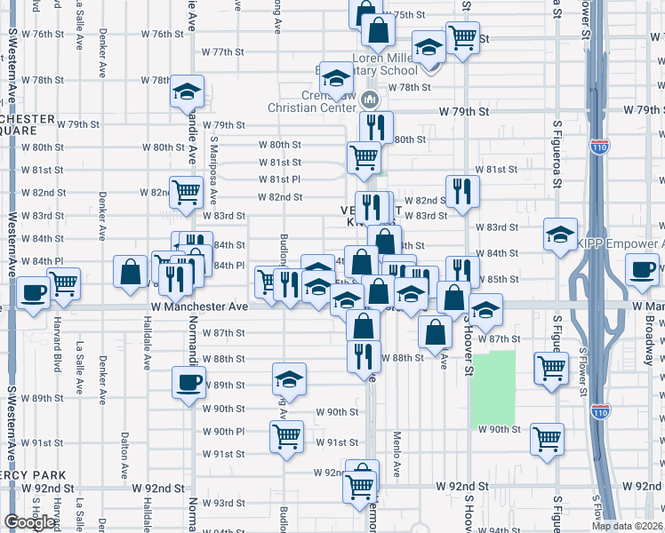 map of restaurants, bars, coffee shops, grocery stores, and more near 1046 West 84th Place in Los Angeles