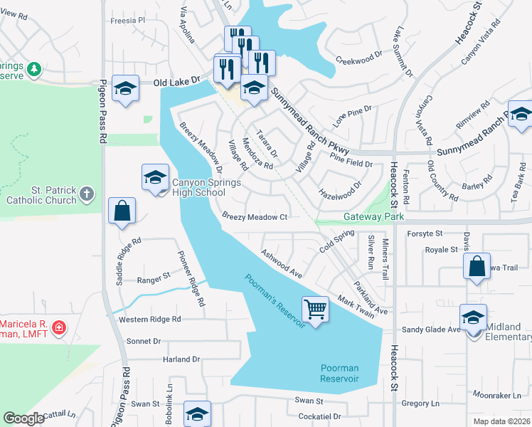map of restaurants, bars, coffee shops, grocery stores, and more near 10970 Grass Valley Circle in Moreno Valley