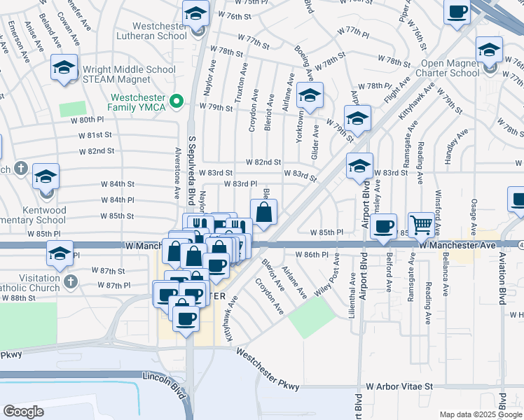map of restaurants, bars, coffee shops, grocery stores, and more near 8421 Bleriot Avenue in Los Angeles