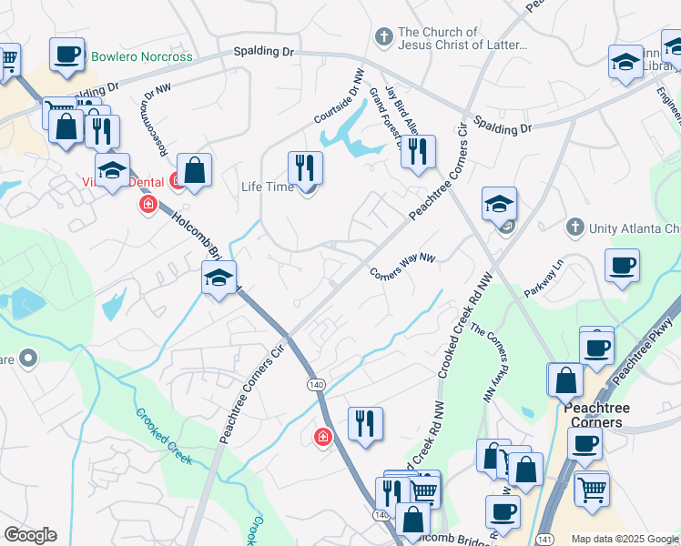 map of restaurants, bars, coffee shops, grocery stores, and more near 6111 Forest Hills Drive in Norcross