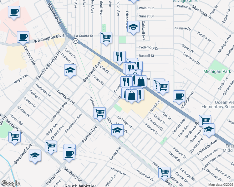 map of restaurants, bars, coffee shops, grocery stores, and more near 13309 Cullen Street in Whittier