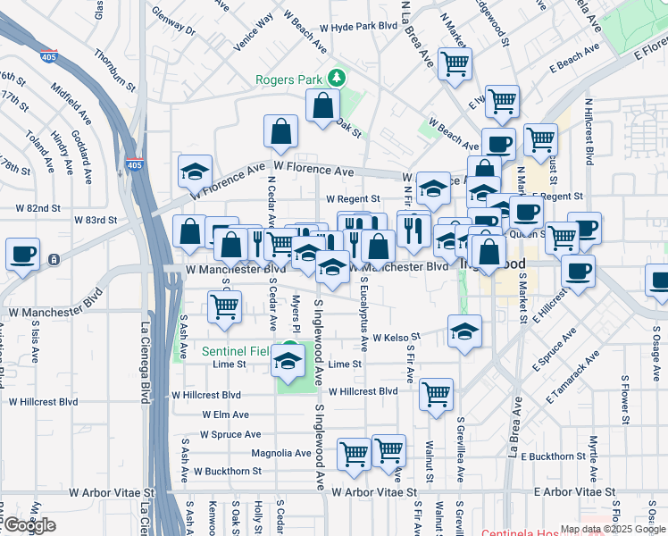 map of restaurants, bars, coffee shops, grocery stores, and more near 334 Manchester Avenue in Inglewood