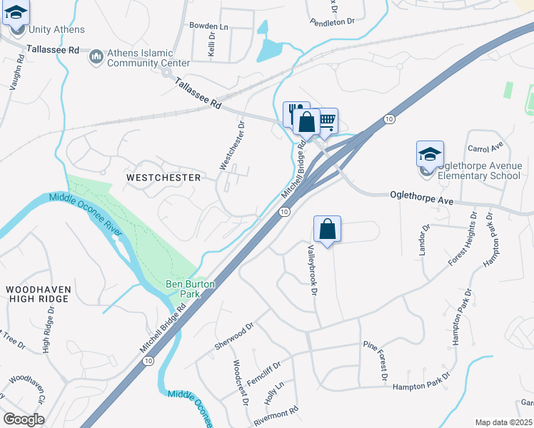 map of restaurants, bars, coffee shops, grocery stores, and more near 280 Mitchell Bridge Road in Athens
