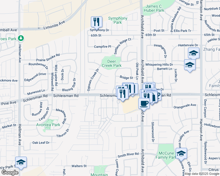 map of restaurants, bars, coffee shops, grocery stores, and more near 14410 Dalebrook Drive in Corona
