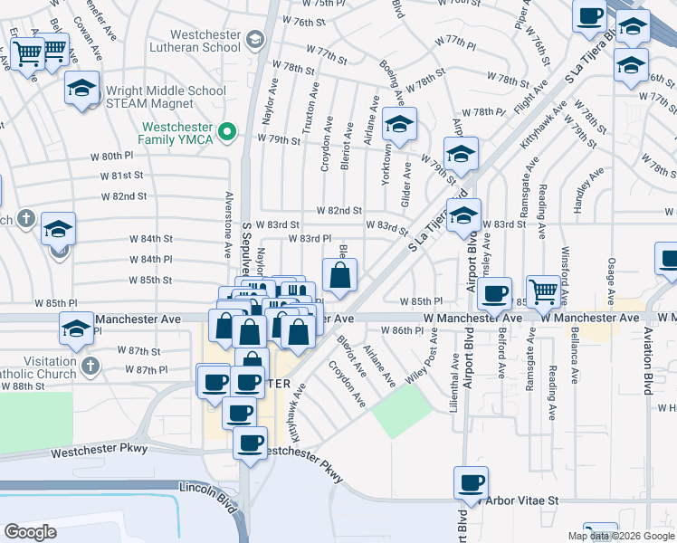 map of restaurants, bars, coffee shops, grocery stores, and more near 8427 Bleriot Avenue in Los Angeles